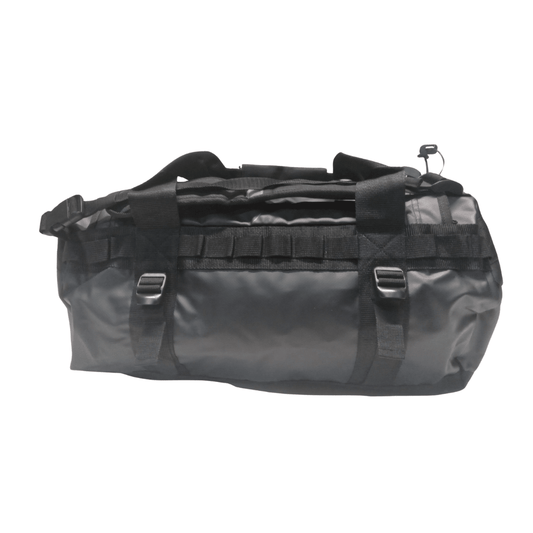 A black waterproof duffel bag with multiple compression straps, and a top carry handle, shown against a white background.