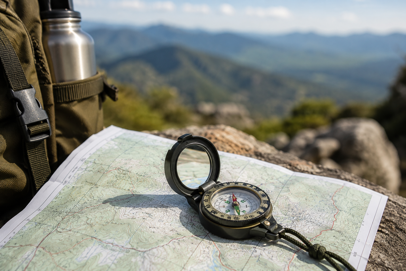 compass open on a map on the mountain