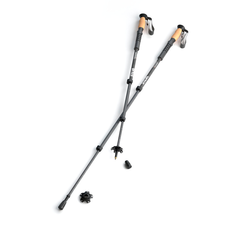 Silva walking poles pair with cork handles, wrist straps, snowshoe baskets and rubber tips on white background