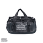 A black Outdoor Elements duffel bag with dual top handles, multiple compression straps, against a plain white background.