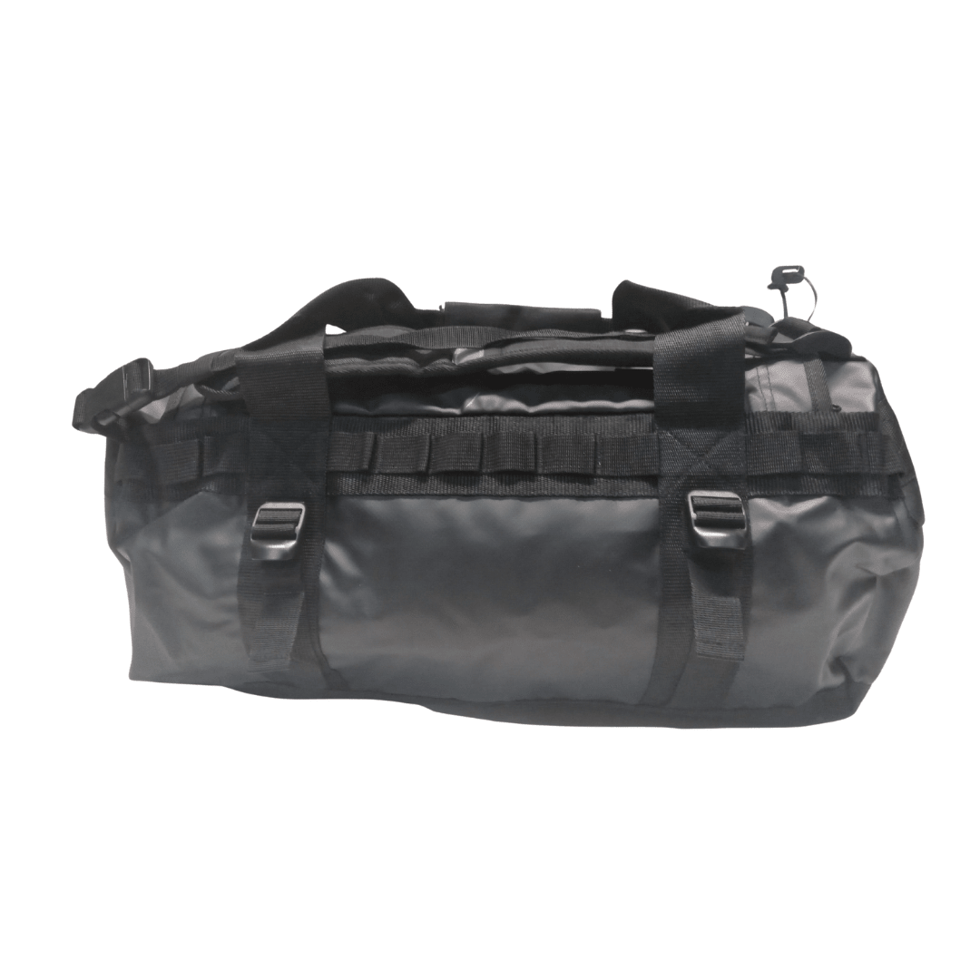 A black waterproof duffel bag with multiple compression straps, and a top carry handle, shown against a white background.