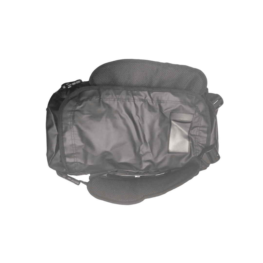 A black waterproof duffel bag with padded shoulder straps and a zippered main compartment,against a white backround.