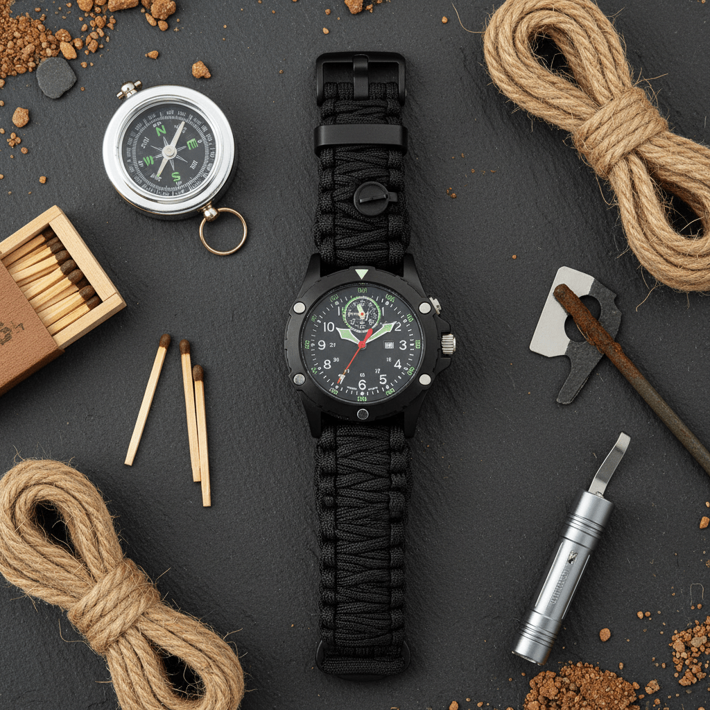 6 - in - 1 Survival Paracord Watch | Compass, Firestarter, Whistle & Emergency Tools - Roamrgear.co.za