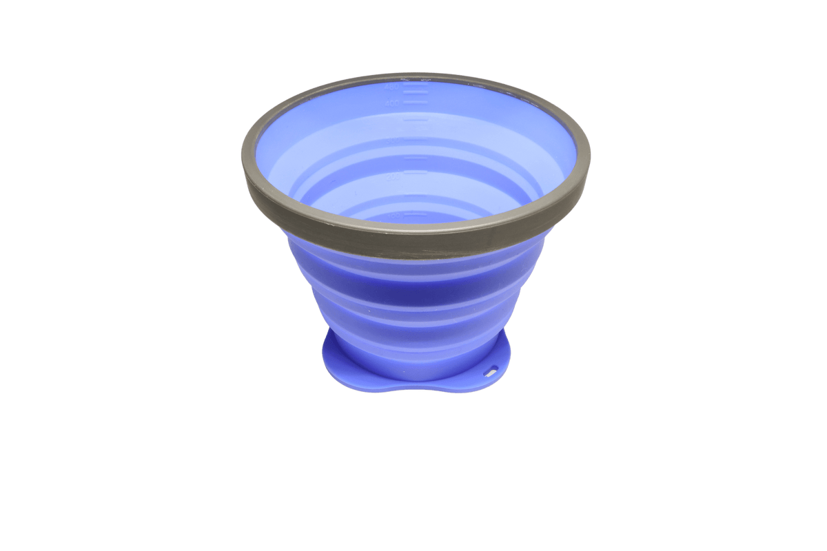 Outdoor Elements Pop Up Cup in blue - collapsible silicone camping cup, part of the Family Cook Set