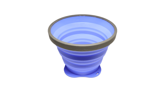 Outdoor Elements Pop Up Cup in blue - collapsible silicone camping cup, part of the Family Cook Set