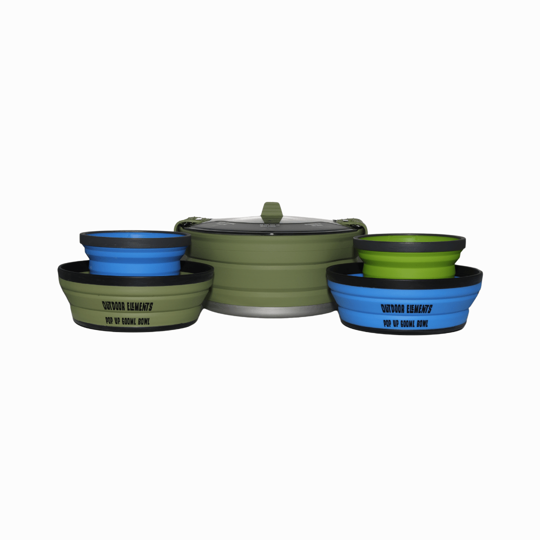 Outdoor Elements Family Cook Set components laid out - pot, kettle, bowls and cups