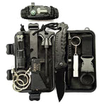 10-piece survival kit with emergency tools in black carrying case