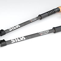 Close-up of Silva 7075 aluminium walking pole shafts showing brand logo and twist-lock adjustment mechanism